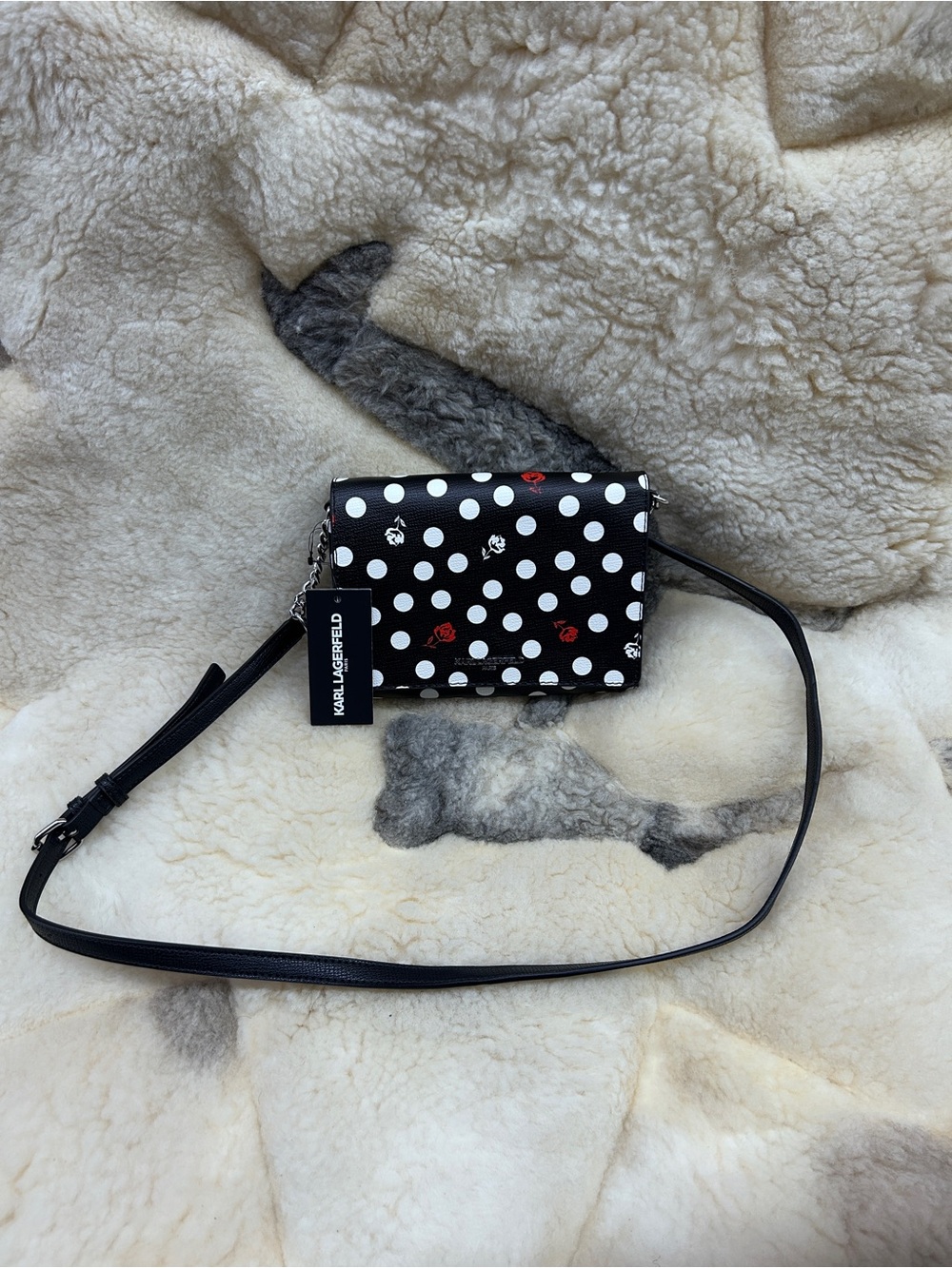 Karl Lagerfeld Black Polka Dot Crossbody with Red Accent